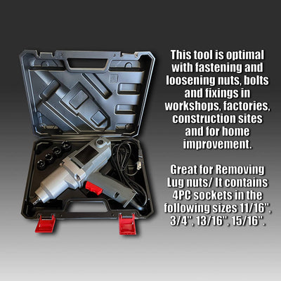 Voyager Tools Torque Impact Wrench Tool 1/2" Connector 100V/ 60HZ Grey Electric-Corded with Storage Case with 4 Sockets Driver