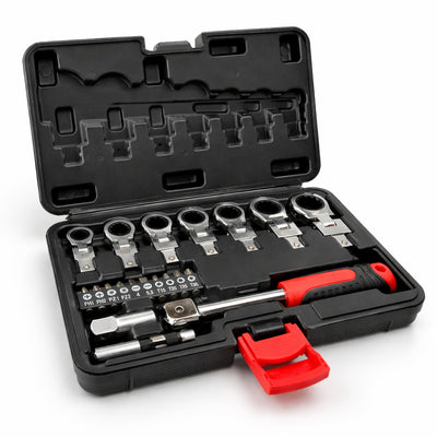 20pc SAE Flex Head Ratcheting Wrench Set 12 point 72T 5/16-3/4" w/Case 10pc Bits