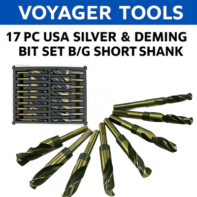 Voyager Tools 17-Piece Silver & Deming Drill Bit Set, Black & Gold Finish, Short 1/2" Shank, High Speed Steel (HSS)