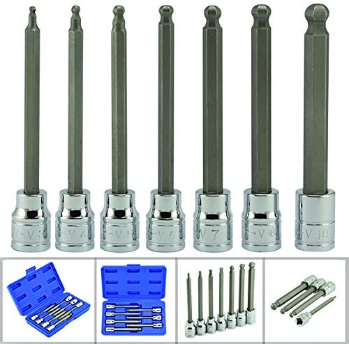 7pc Hex Bit Socket Set 3/8" Dr. Extra Long Metric Ball Bit Socket Set With Blue Carrying Case