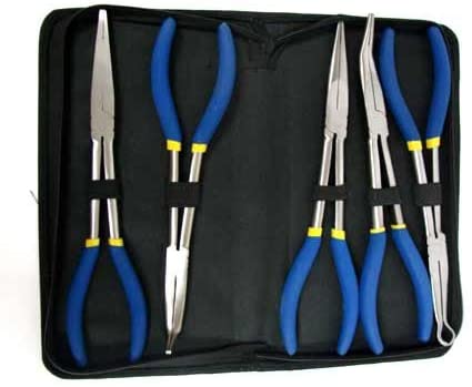 5pc Long Nose Plier Set With Convenient Carrying Case 11"" inch Mechanics & Electricians Craft Tool Set