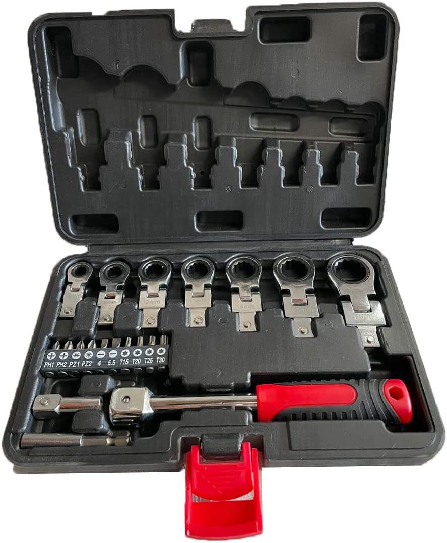Voyager Tools Flex Head Ratcheting Set 72 Teeth Gear 20 PC 12-Point Box End 50 BV30 180° Flex Travel Hardshell Case (Metric/MM)