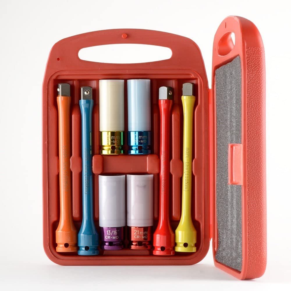 8 Pcs 1/2" Drive Torque Extension Stick And Thin Wall Deep Impact Socket Set With Storage Case