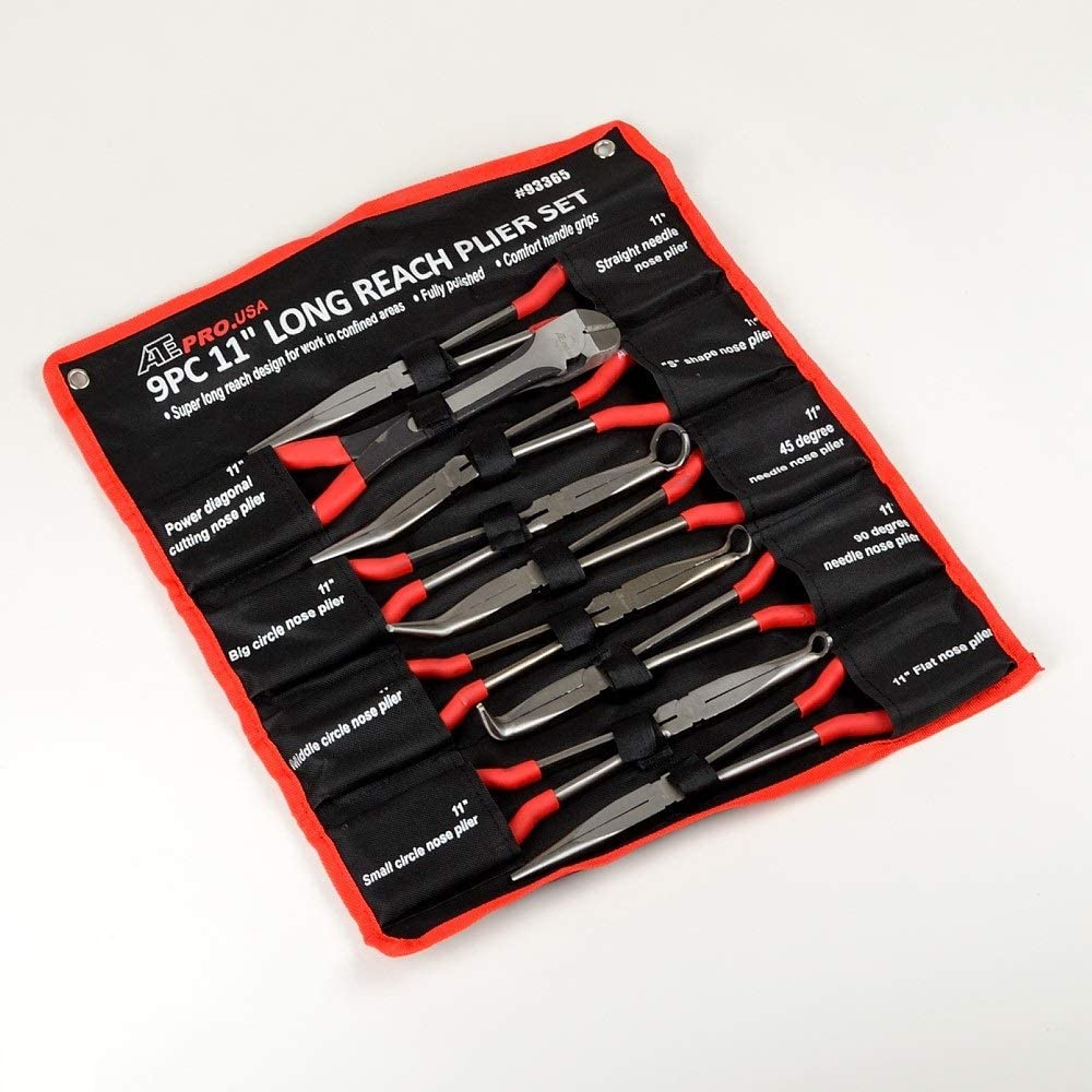 Heavy Duty Comfort Grip 9 Pc 11 Inch  Long Nose Plier Set With Custom Cloth Carry Case